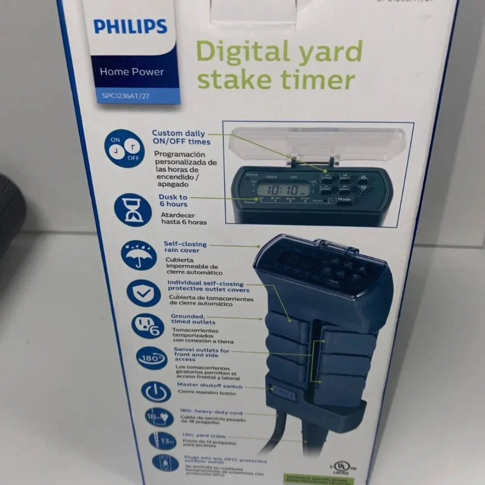 NEW! Philips Timer Outdoor Stake 6 Grounded Outlets 6hr Digital Timer-13